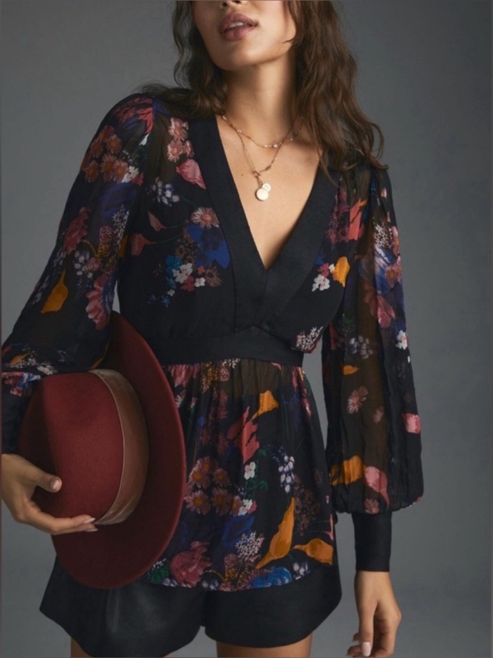 Maeve by Anthropologie Black Floral V-Neck Sheer Sleeve Blouse size 6, NWT